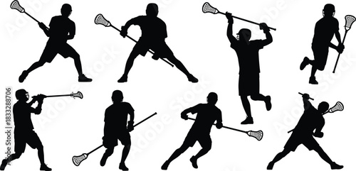 Lacrosse player silhouettes in action poses — black vector set of athletes with sticks on white background for sports illustration