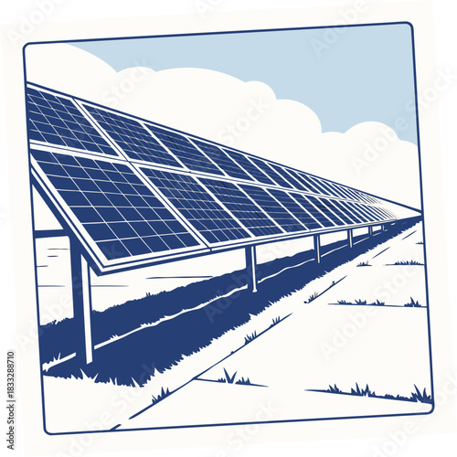 Expansive solar panel array stretching into the distance under a bright blue sky with fluffy white clouds