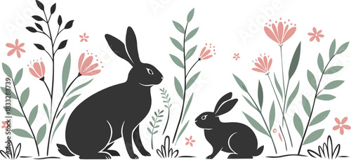 Black Rabbit Silhouettes with Floral & Botanical Elements Minimal Vector Animal Clipart Set”
