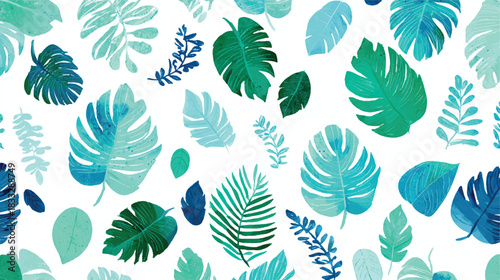 Tropical leaves vector pattern in blue and green shades seamless background