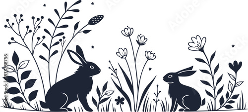 Black Rabbit Silhouettes with Floral & Botanical Elements Minimal Vector Animal Clipart Set”