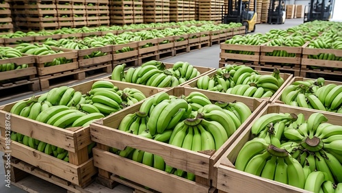 Green Bananas in Wooden Crates Ready for Distribution.