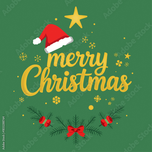 A festive Christmas greeting card featuring the words "Merry Christmas" in golden lettering, adorned with a Santa hat, a golden star, snowflakes, and a pine branch with a red bow on a green background