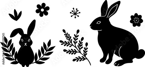 Black Rabbit Silhouettes with Floral & Botanical Elements Minimal Vector Animal Clipart Set”