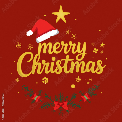 A festive graphic with "merry christmas" in gold cursive, a santa hat, star, snowflakes, and evergreen branches with red bows on a red background.