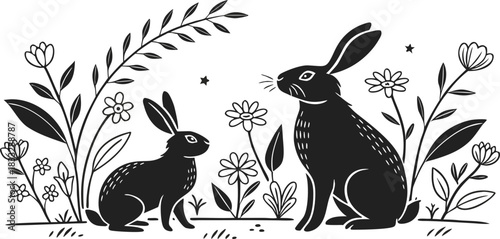 Black Rabbit Silhouettes with Floral & Botanical Elements Minimal Vector Animal Clipart Set”