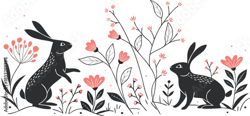 Black Rabbit Silhouettes with Floral & Botanical Elements Minimal Vector Animal Clipart Set”