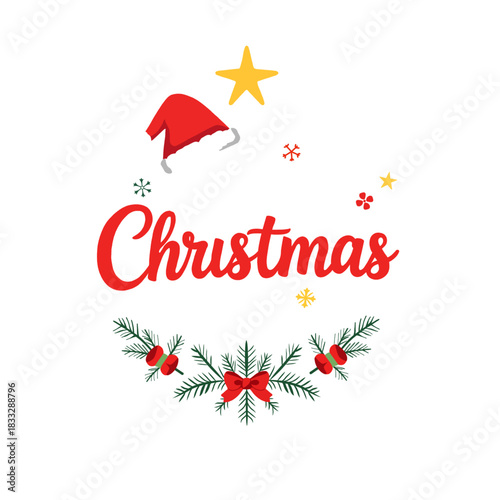 A festive greeting featuring 'Merry Christmas' in decorative fonts, a Santa hat, star, snowflakes, and evergreen boughs, all arranged on a transparent background, creating a holiday design.