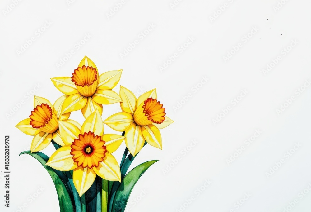 Fototapeta premium Vibrant Illustration of Five Yellow Daffodils Against a Minimalist Backdrop Showcasing Bright Petals and Green Leaves