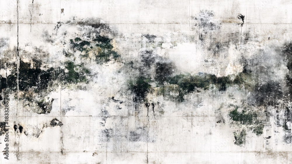 Obraz premium wallpaper surface showing decades of decay, with thick patches of gray-green mold clustering along torn seams, designed to evoke the passage of time grunge wallpaper, thick mold, torn seam, 