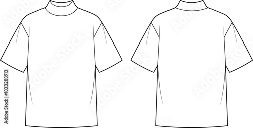 Technical flat sketch of short sleeve t-shirt, mock neck collar, fashion design template, garment illustration, apparel production, vector outline