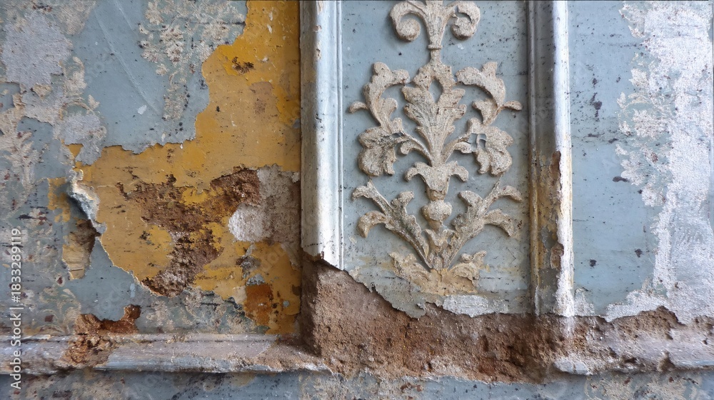 Naklejka premium distressed floral wallpaper with dramatic peeling at the edges and dark mold patches forming intricate patterns in moist zones, ideal for horror, thriller, or gothic environments distressed 