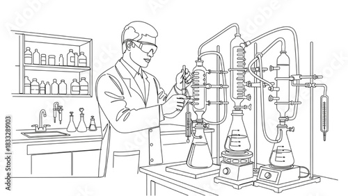 Continuous black outline art of chemical engineer adjusting distillation apparatus in laboratory setup, scientific experiment illustration