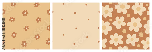 Set of delicate seamless patterns with petite daisy flowers and dots in beige and brown colors. Minimal floral summer backgrounds.
