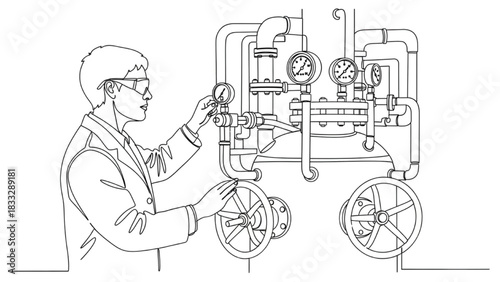 Continuous black outline art of chemical engineer inspecting gauges and valves on chemical reactor, industrial process illustration