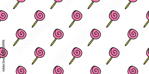 Cute seamless pattern with doodle pink spiral lollipops on white background.
