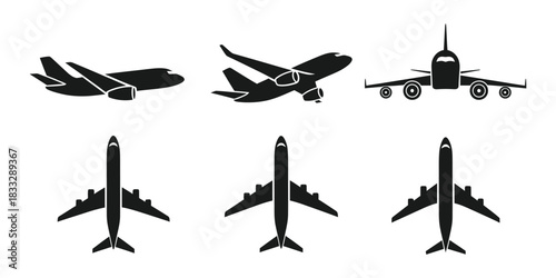 Airplane silhouette, aircraft jet travel flight transportation vector icon set