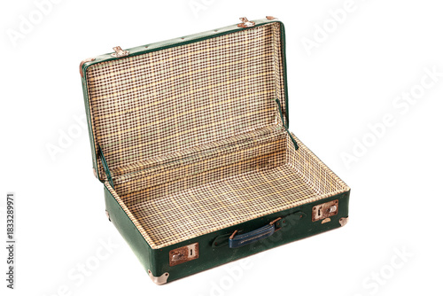 A vintage green suitcase sits open, showcasing its spacious checkered interior. This suitcase is perfect for packing essentials for trips or weekend getaways