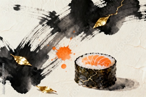 Modern ink wash sushi art with gold leaf. Ideal for Japanese restaurant branding, elegant menus, and food packaging. High-quality textured Zen aesthetic.
