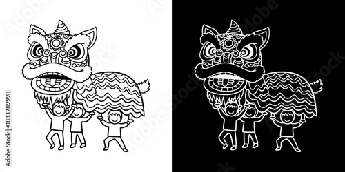 Lion dance illustration featuring performers holding the lion costume, isolated vector image, two versions on transparent and black backgrounds, pencil drawing, chalk drawing
  