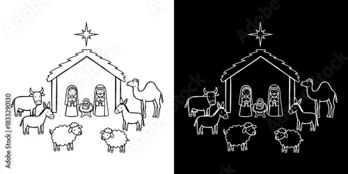 Nativity scene with animals in stable and bright star above, isolated vector image, two versions on transparent and black backgrounds, pencil drawing, chalk drawing
  