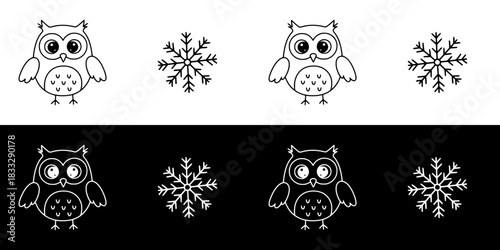 Cartoon owl with snowflakes, image set, seamless border, isolated vector image, two versions on transparent and black backgrounds, pencil drawing, chalk drawing
