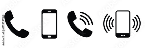 Ringing Phone Icon Set in Clean Outline Vector Illustration Showing Incoming Call Symbols, Minimal Mobile Communication Graphics, Alert Notification Elements, and Modern Smartphone Interface Design
