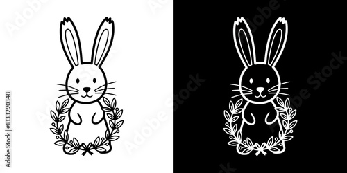 Rabbit with floral wreath, isolated vector image, two versions on transparent and black backgrounds, pencil drawing, chalk drawing
