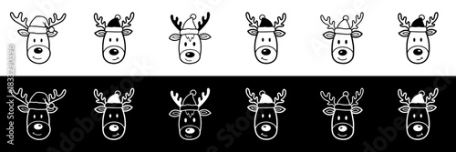 Cute reindeer faces with Santa hats, image set, seamless border, isolated vector image, two versions on transparent and black backgrounds, pencil drawing, chalk drawing
