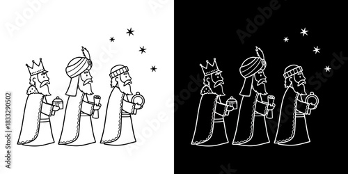 Three wise men walking under stars, isolated vector image, two versions on transparent and black backgrounds, pencil drawing, chalk drawing
