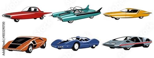 Vintage Futuristic Cars, Color vector cliparts isolated on white.