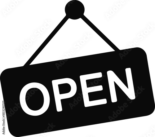 Black Open Sign Icon with White Text graphic