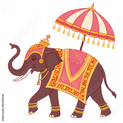 A regal, dark brown elephant adorned for a royal procession. It wears an ornate pink and gold headpiece, richly decorated blanket, golden anklets, and a necklace. A pink-and-cream ceremonial umbrella 
