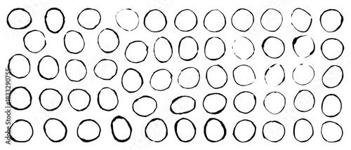 Hand drawn circles or rings in rough, sketchy, messy style, using ink, marker, charcoal, with uneven, jagged edges, giving them handmade or stenciled effect. Vector illustration of background with tex