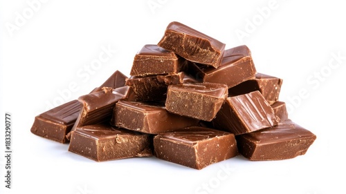 Stack of milk chocolate pieces on white background. AI image