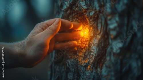 hand touching mysterious glowing light in tree trunk in dark forest
