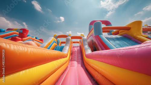 Low angle view of a colorful inflatable obstacle course under a cloudy blue sky