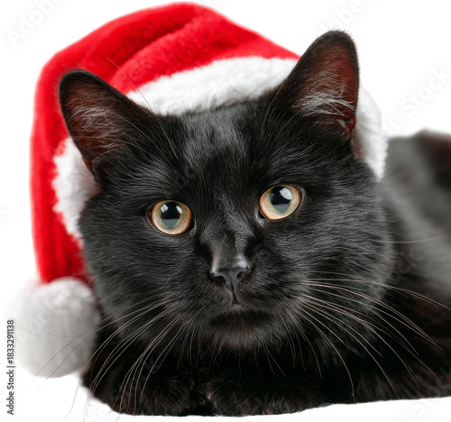 black cat with red christmas santa hat isolated on white/transparent