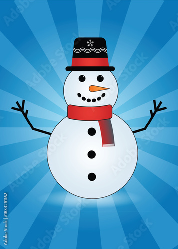 winter snowman vector illustration with blue radial background, cheerful holiday character wearing scarf and hat, festive season design for Christmas and winter themes