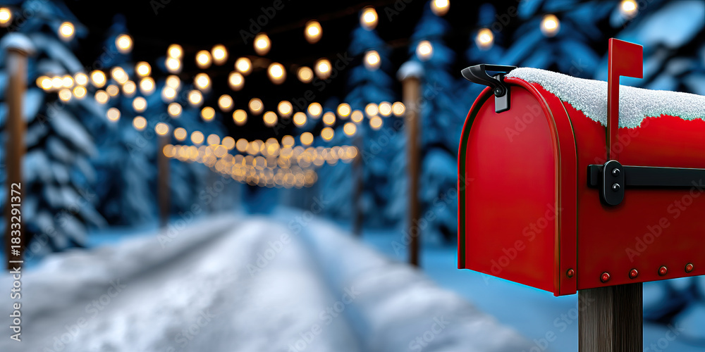 Fototapeta premium Snowy red mailbox on winter road with string lights and blurred pine trees creating cozy festive mood