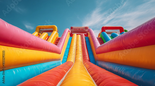 Low angle view of a large inflatable slide with multiple lanes under a blue sky
