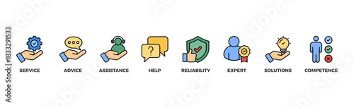 Support banner web icon vector illustration concept with icon of service, advice, assistance, help, reliability, expert, solutions and competence