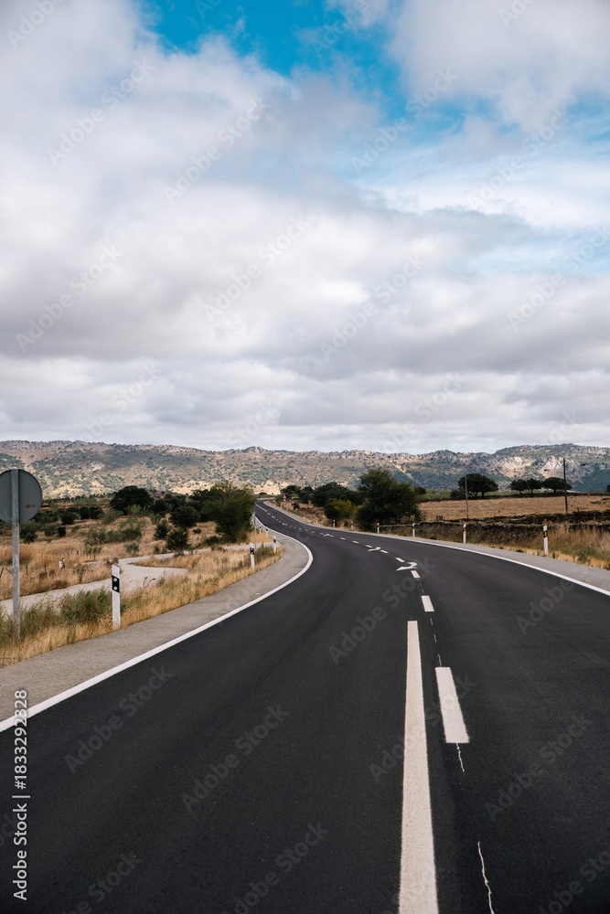 Fototapeta premium Empty rural road winding through the dry Iberian scrubland under a cloudy sky, Cáceres, Spain.