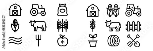 Agriculture and farming elements including barn, tractor, cow, corn, wheat, and tools