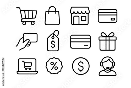 E-commerce and online shopping symbols for payment, retail, discount, and customer support