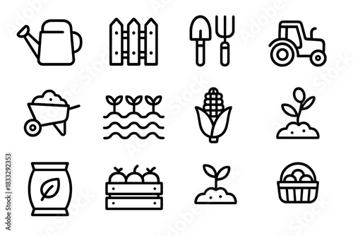 Essential collection of gardening and farming tools and agricultural produce