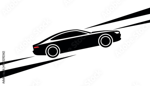 A stylized black silhouette of a sports car is depicted in motion with dynamic lines suggesting speed.