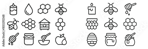 Minimalist black line symbols of honey, bees, honeycomb, and beekeeping products