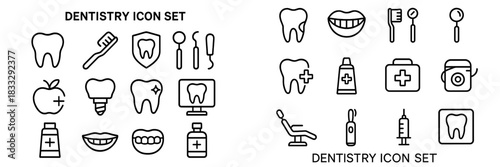 Minimalist black and white symbols for dental health and medical treatment