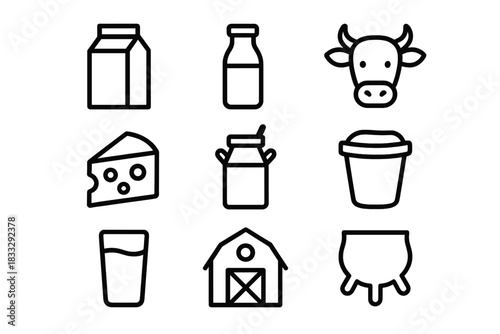 Minimalist black outline symbols for dairy production, farm elements, milk, cheese, and cow